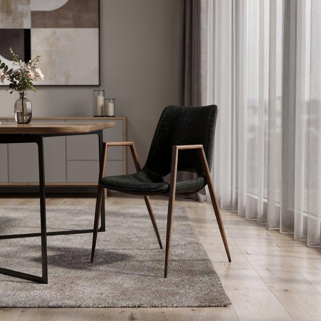 Set of Two Black and Brown Faux Leather and Steel Open Back Dining Arm Chairs