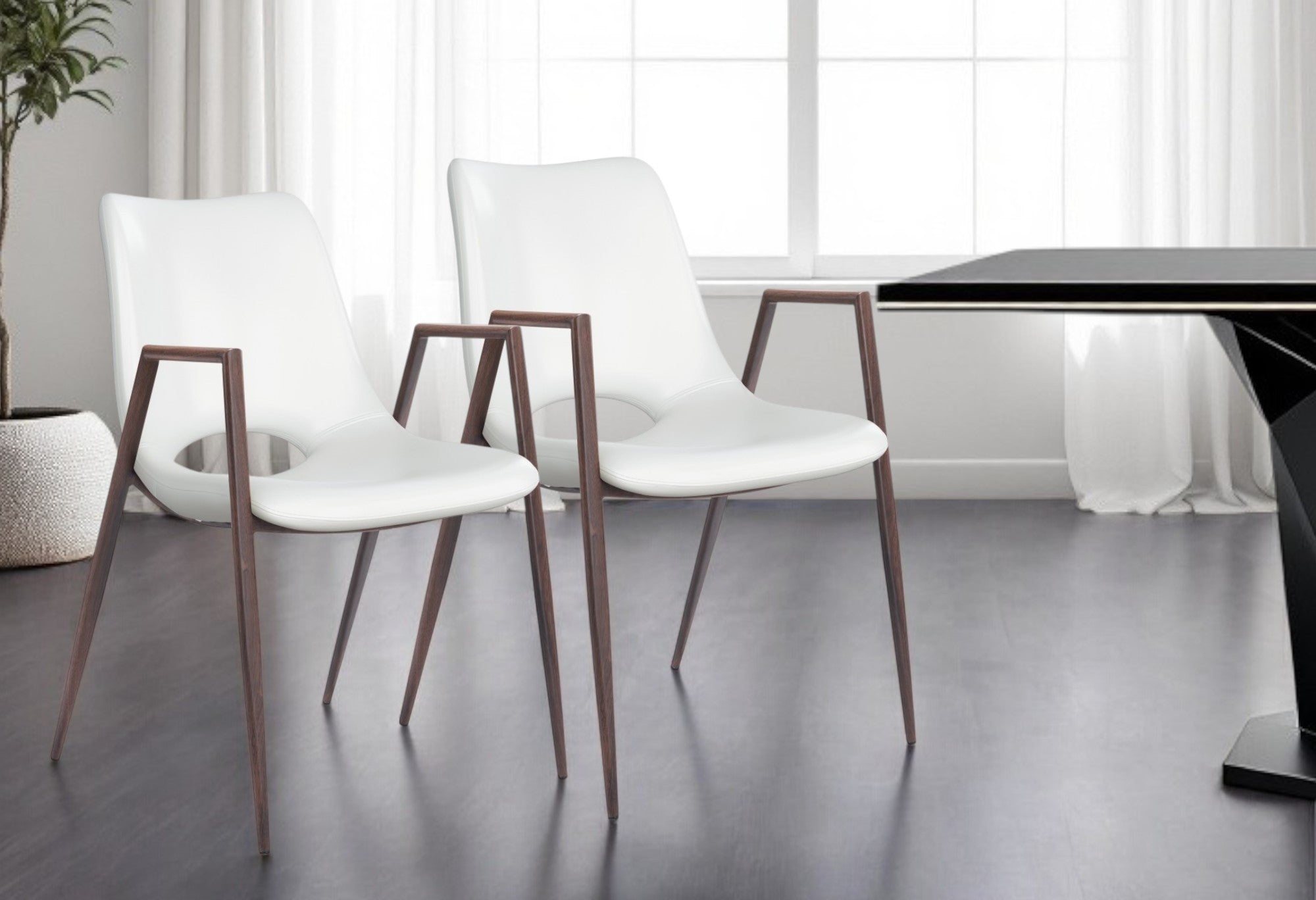 Set of Two White and Brown Upholstered Faux Leather Open Back Dining Arm Chairs