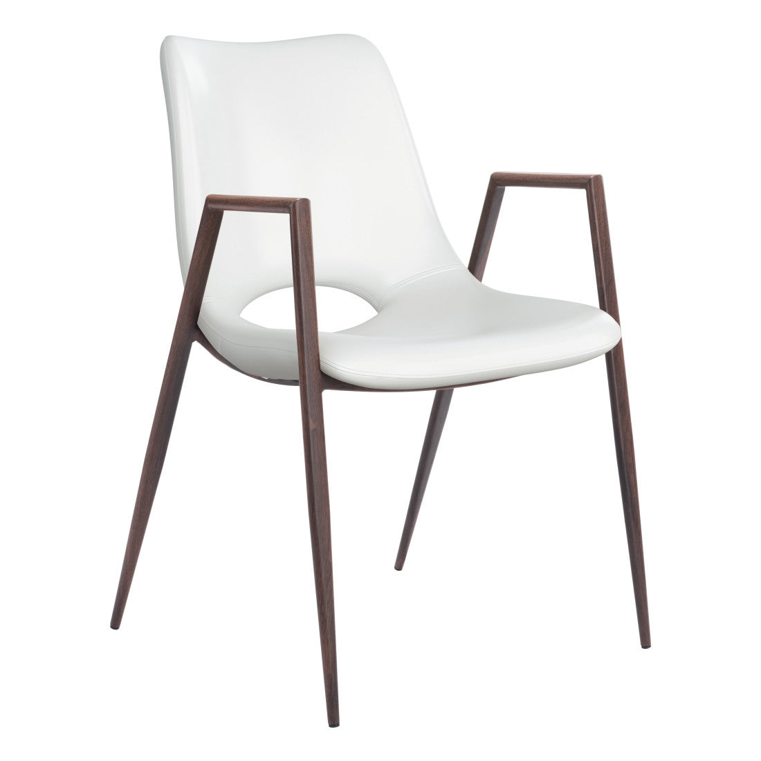Set of Two White and Brown Upholstered Faux Leather Open Back Dining Arm Chairs