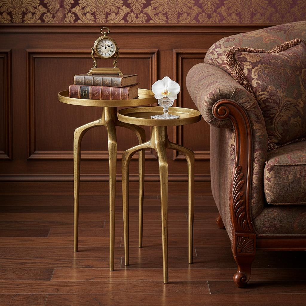 Set of Two Antiqued Gold and Gold Distressed Aluminum Nested Tables