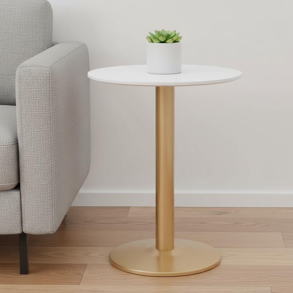 30" White and Gold Wood and Steel Pedestal End Table