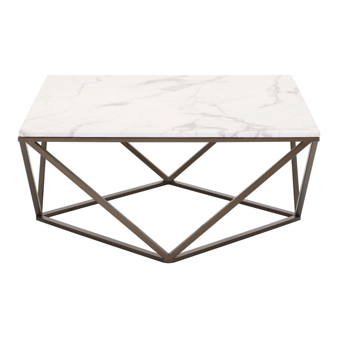 36" White and Antiqued Brass Faux Marble And Steel Square Abstract Coffee Table