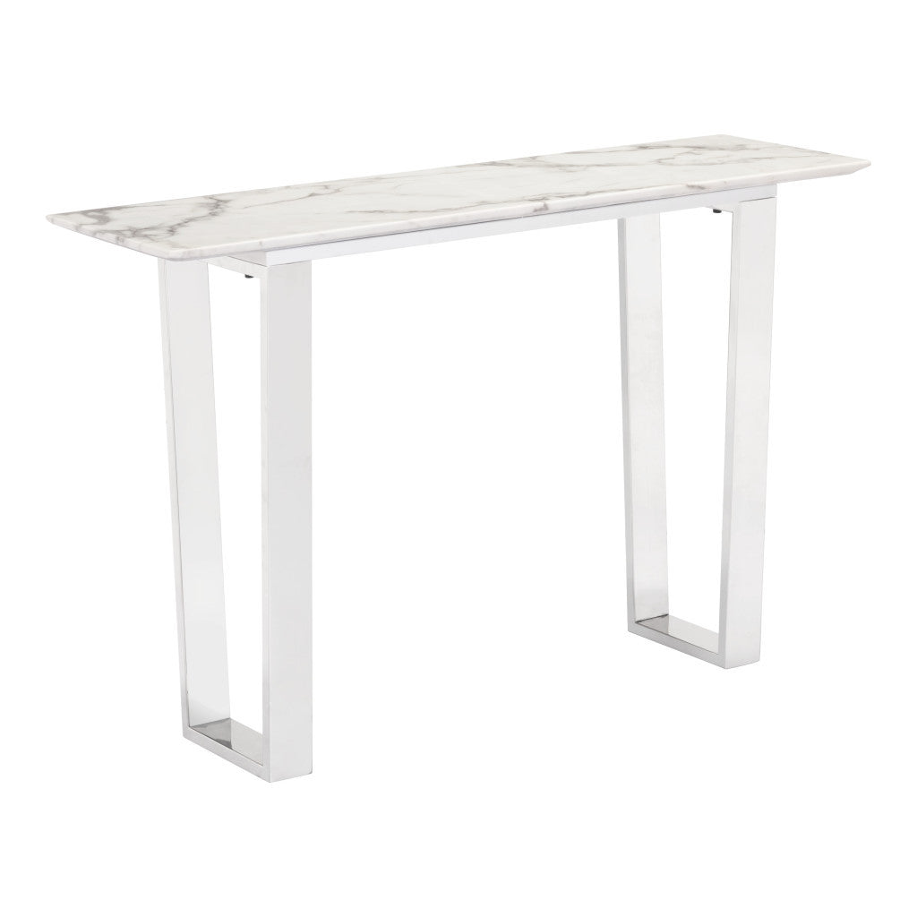 47" White and Silver Faux Marble and Stainless Steel Sled Console Table