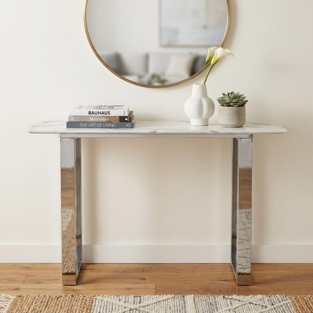 47" White and Silver Faux Marble and Stainless Steel Sled Console Table