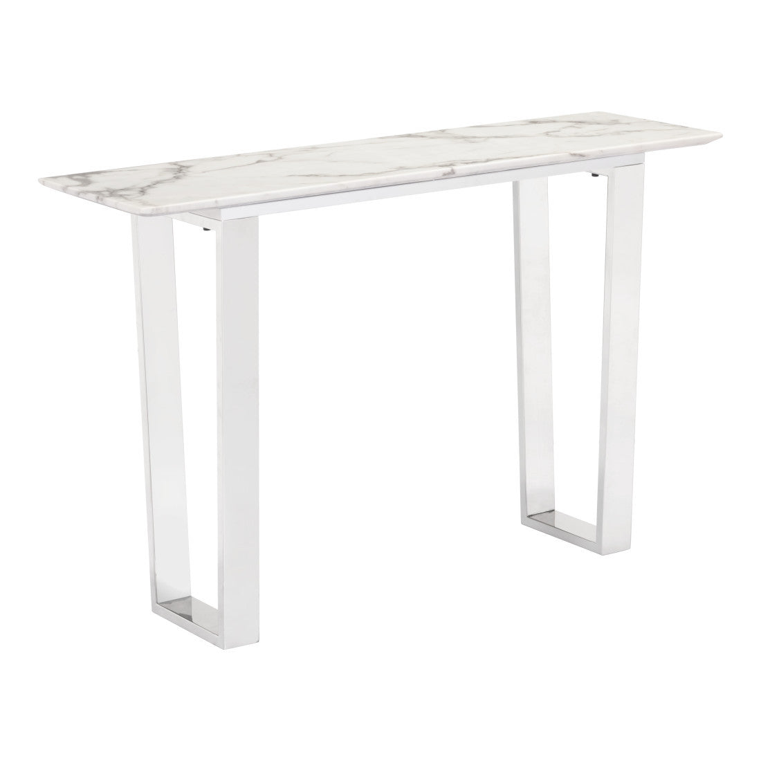 47" White and Silver Faux Marble and Stainless Steel Sled Console Table
