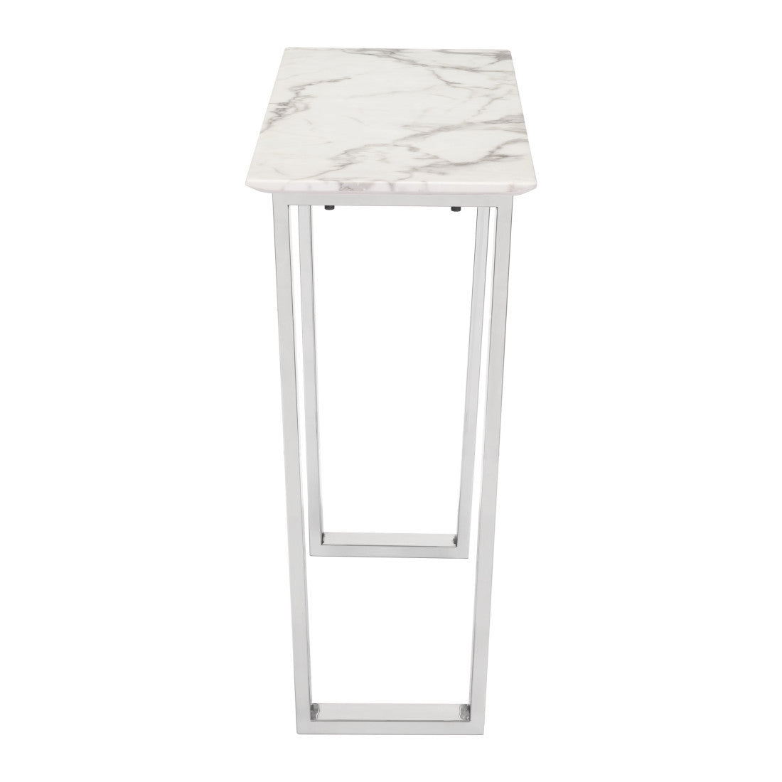 47" White and Silver Faux Marble and Stainless Steel Sled Console Table