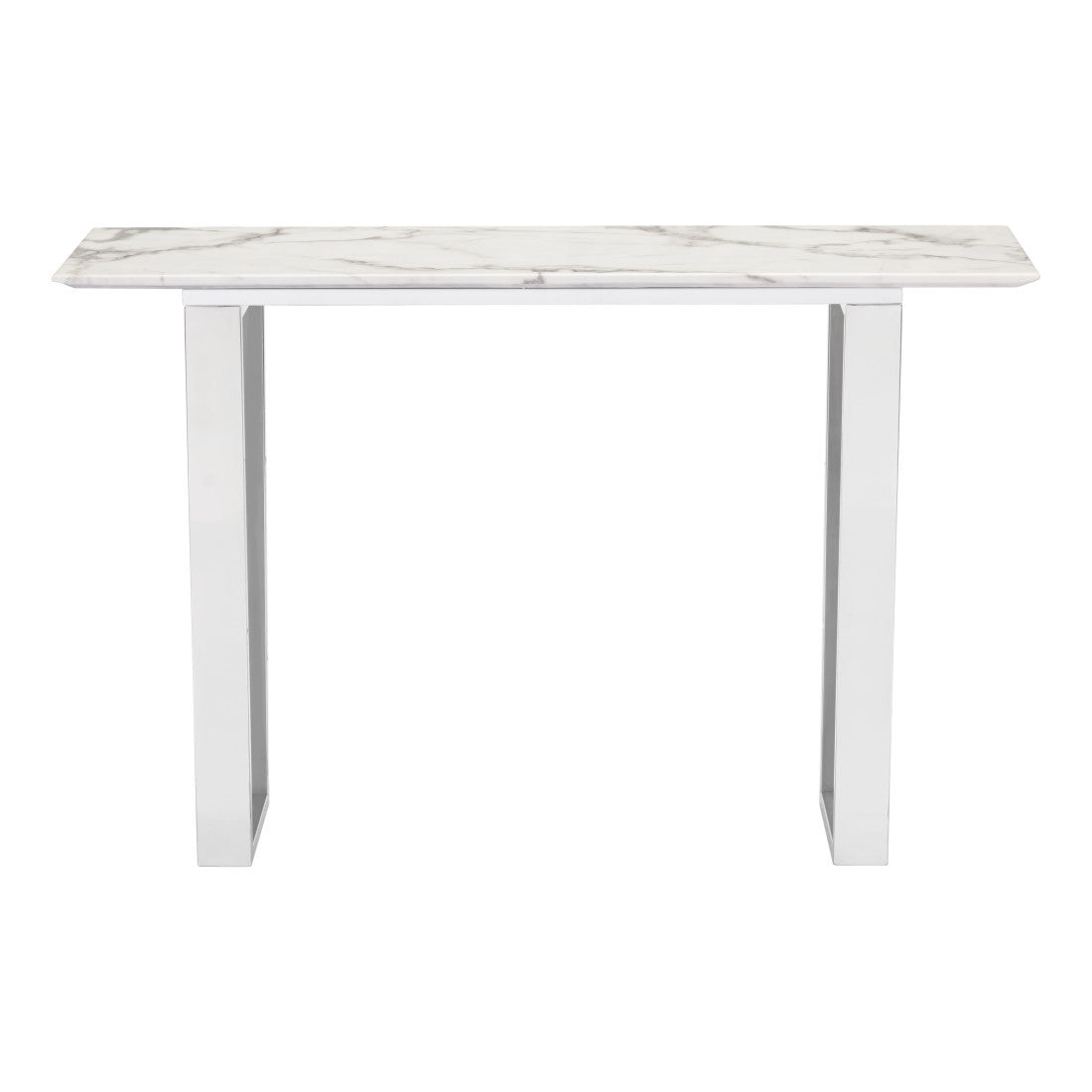 47" White and Silver Faux Marble and Stainless Steel Sled Console Table