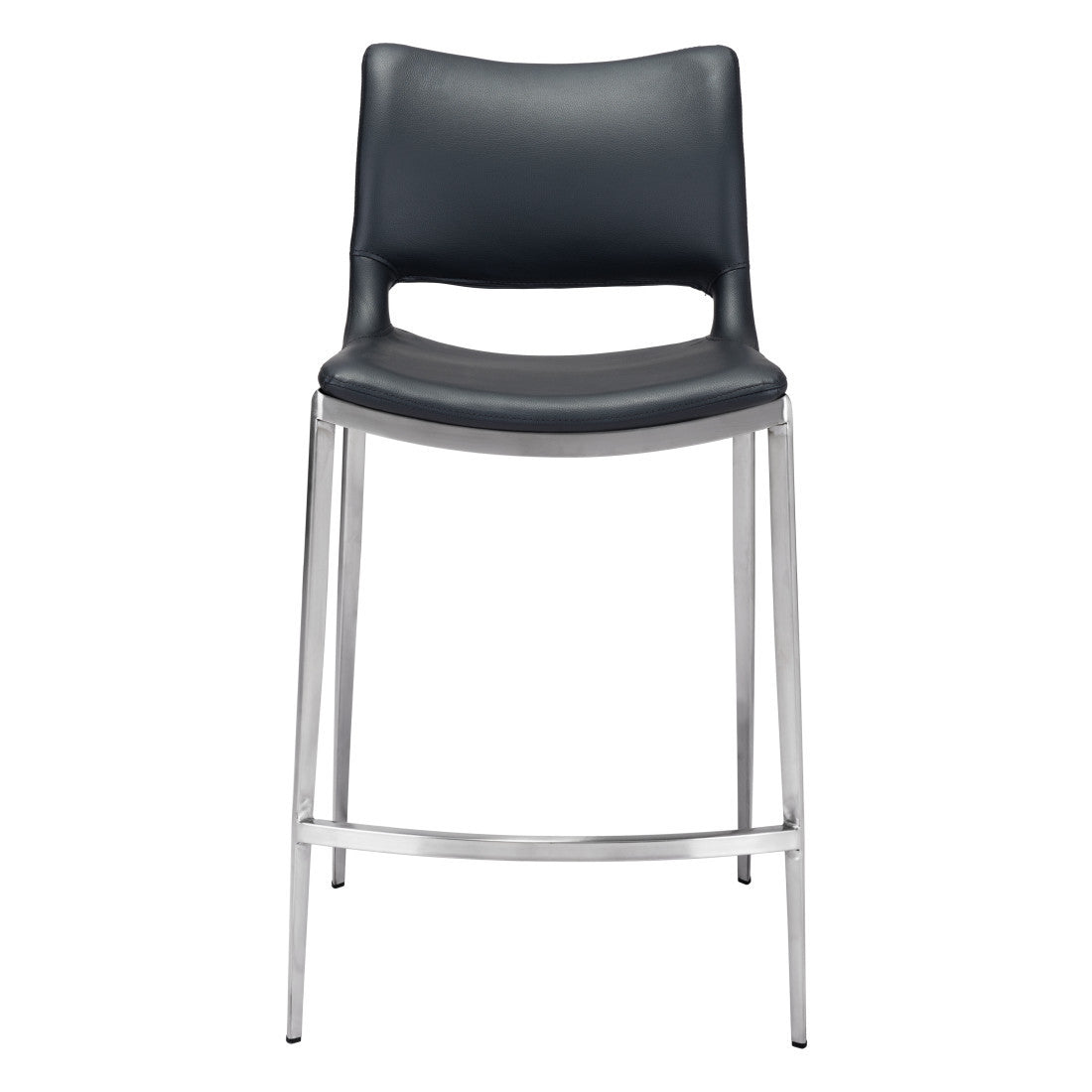 Set of Two 25" Black And Silver Faux Leather And Steel Low Back Counter Height Bar Chairs