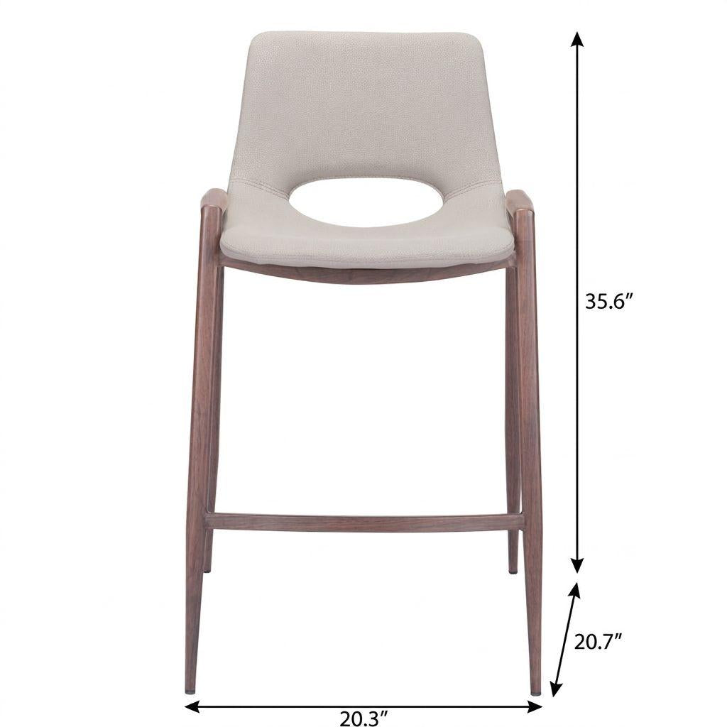 Set of Two 26" Beige and Brown Faux Leather and Steel Low Back Counter Height Bar Chairs