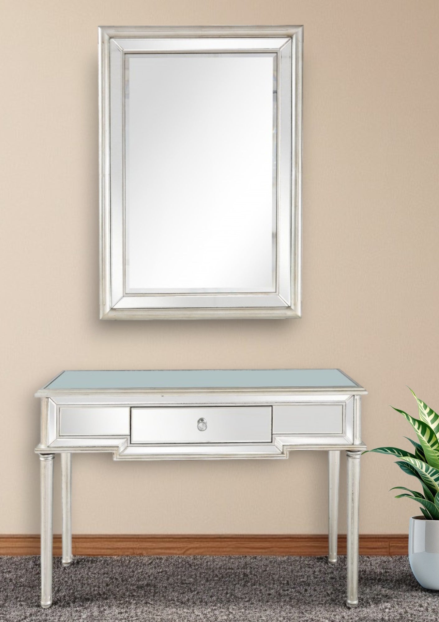 48" Gold And Silver Mirrored Wood And Glass Console Table With Two Drawers