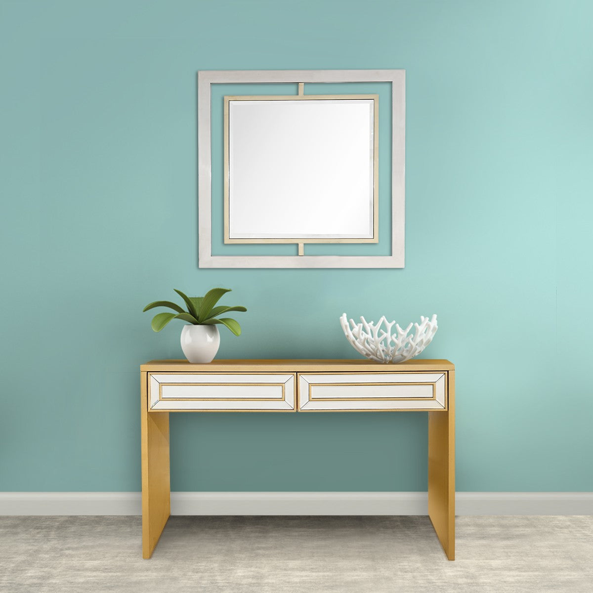 48" Gold And Silver Mirrored Wood And Glass Console Table With Two Drawers