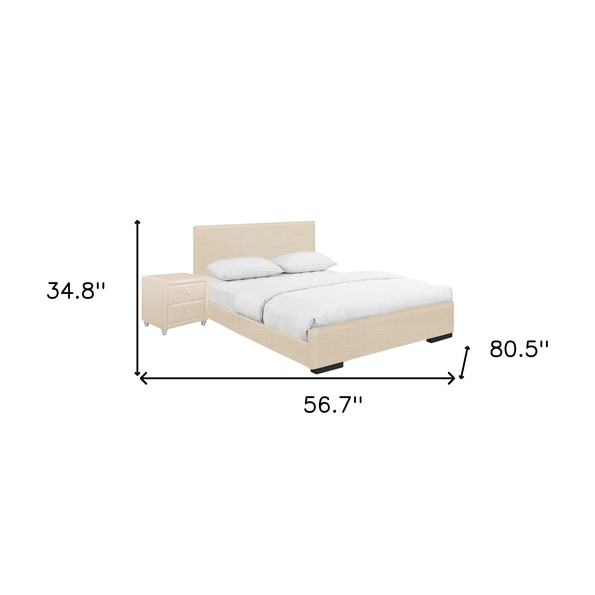 Beige Wood And Faux Leather Full Bed Frame