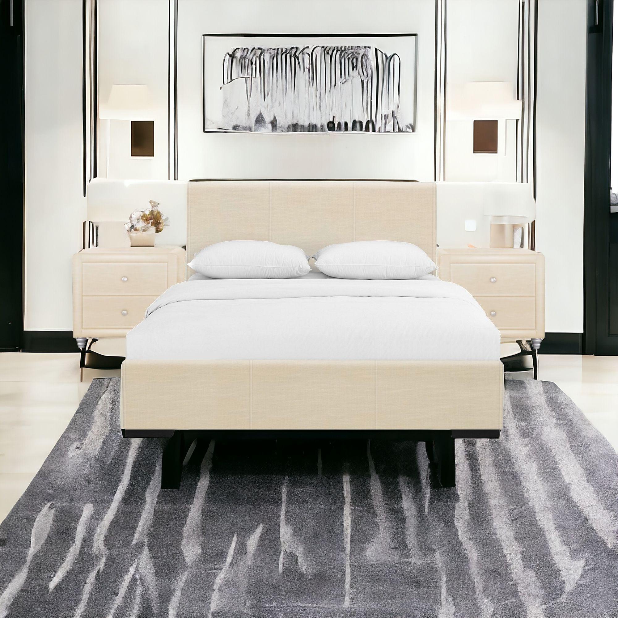 Beige Wood And Faux Leather Queen Bed Frame
