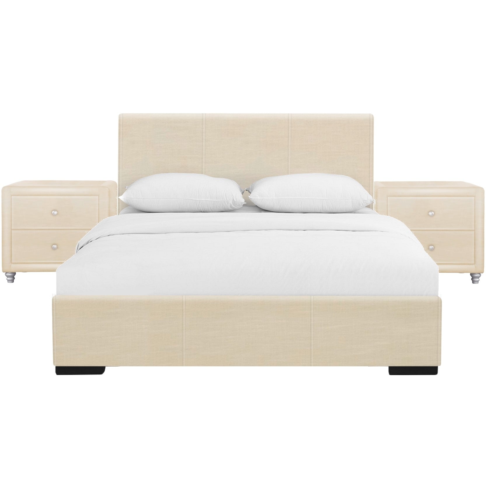 Beige Wood And Faux Leather Queen Bed Frame
