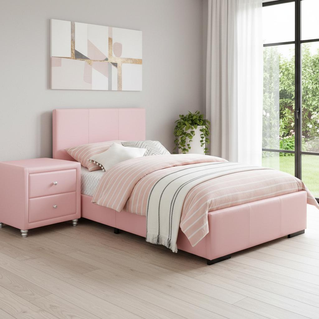 Solid Manufactured Wood Pink Standard Bed Upholstered With Headboard