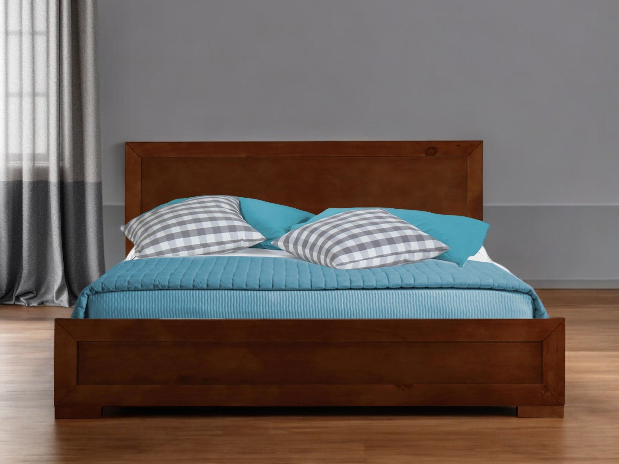 Brown Inlaid Panels Solid Wood King Bed Frame