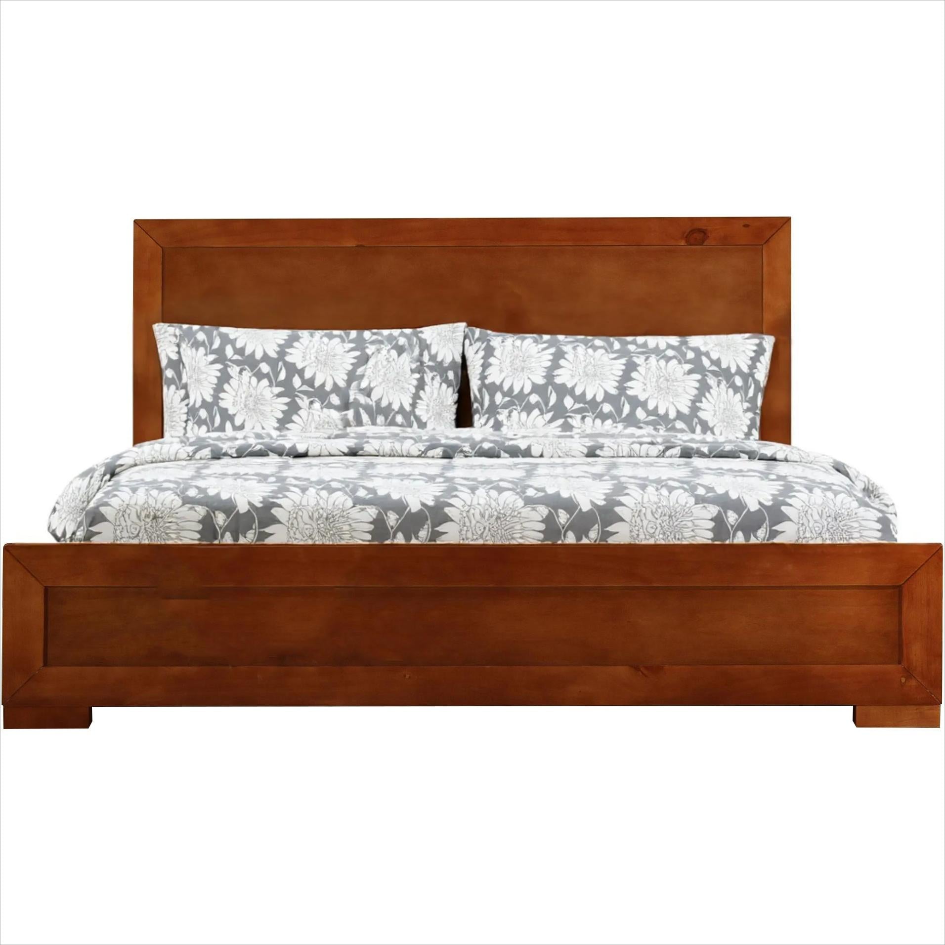 Brown Inlaid Panels Solid Wood Full Bed Frame