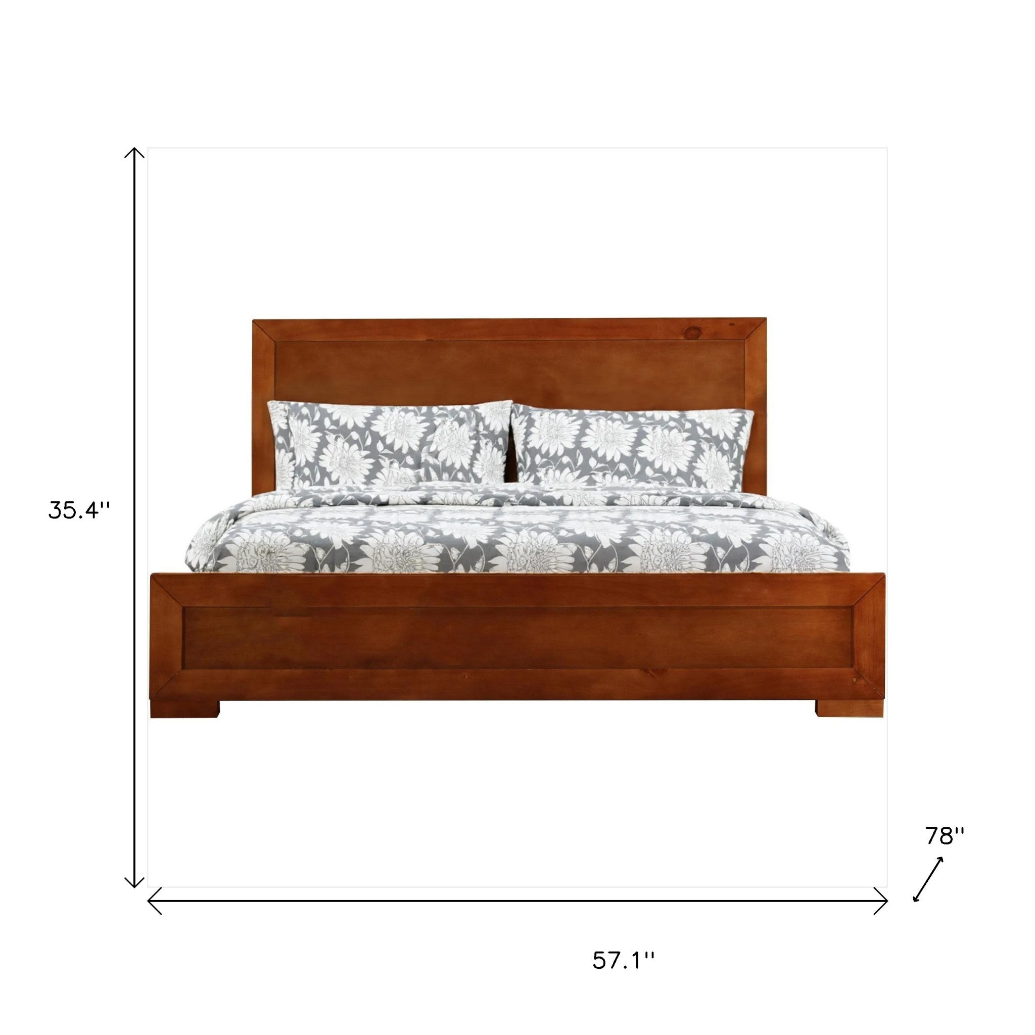 Brown Inlaid Panels Solid Wood Full Bed Frame