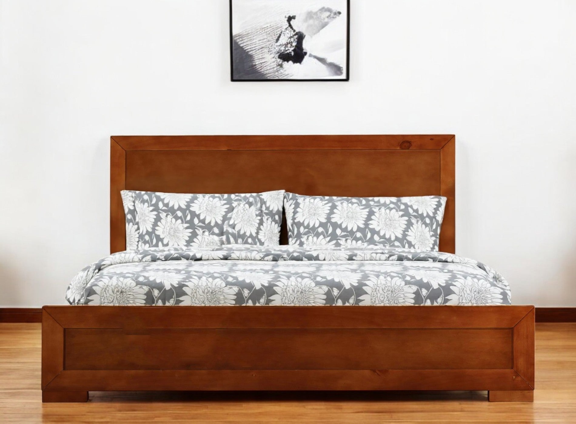Brown Inlaid Panels Solid Wood King Bed Frame