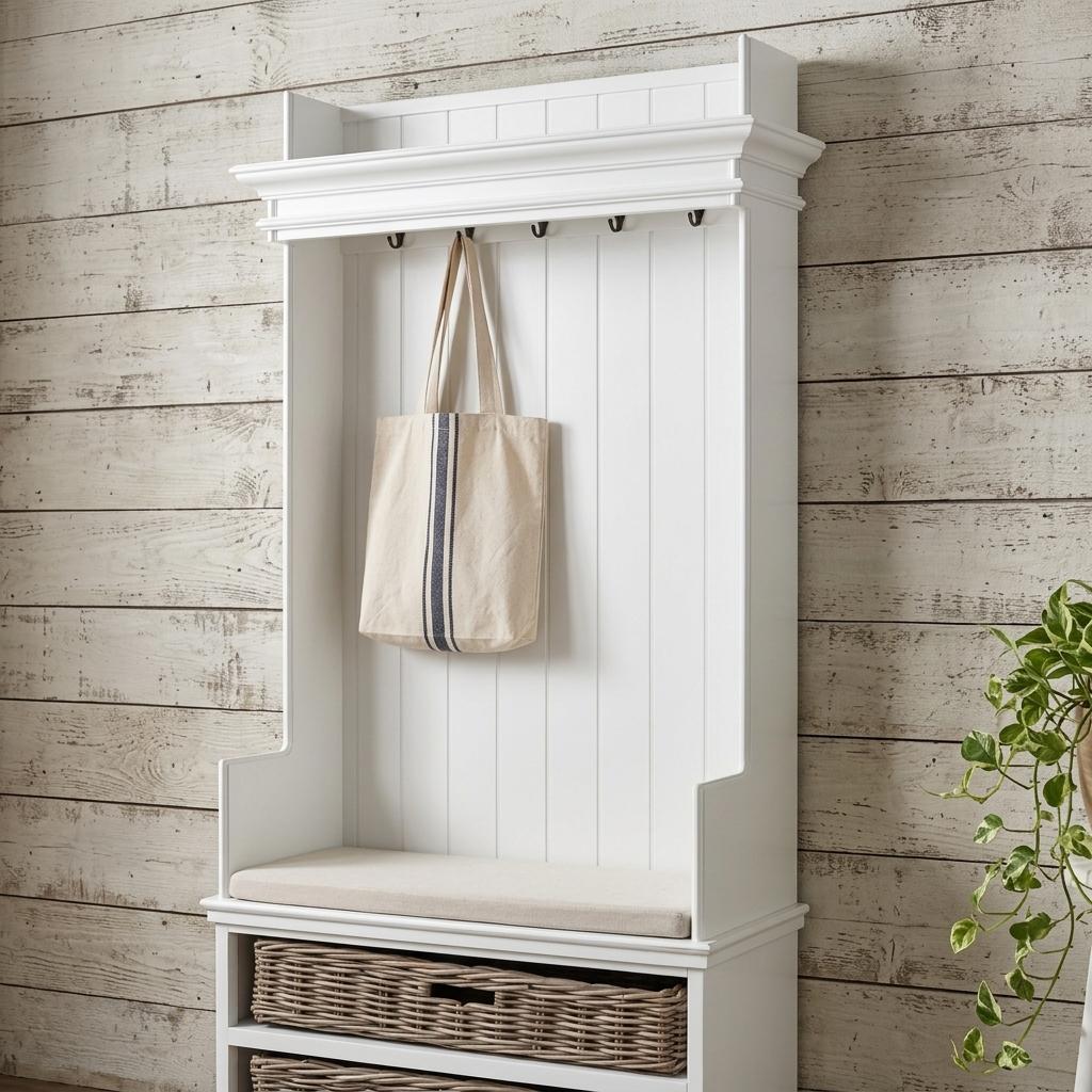 Classic White Entryway Coat Rack and Bench with Baskets