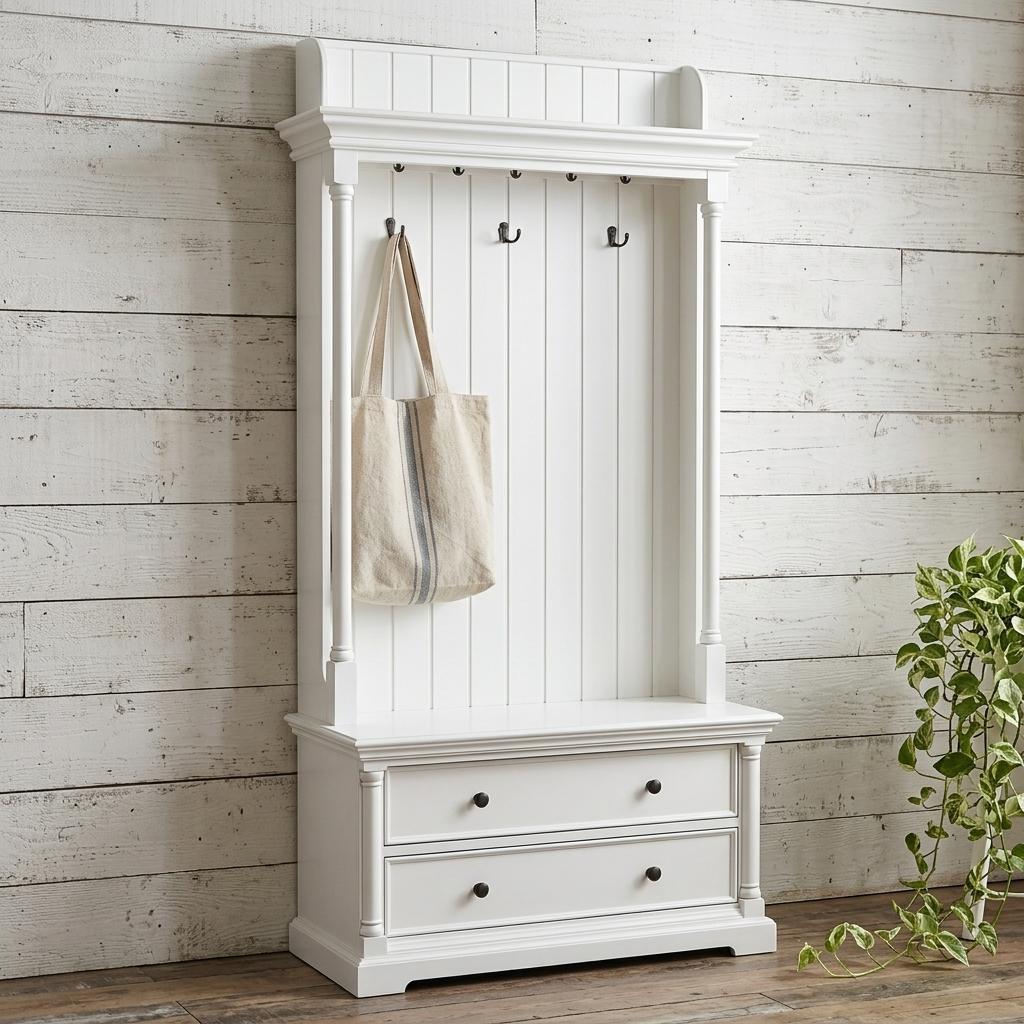 Classic White Hall Tree Coat Rack with Drawers