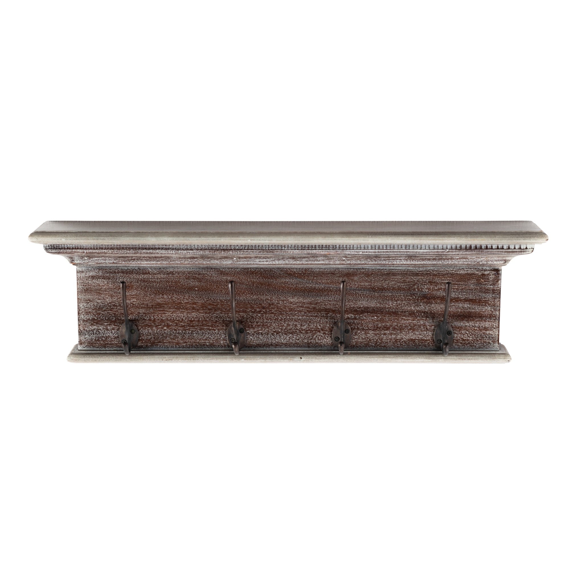 28" Brown Solid Wood Four Hook Wall Mount Coat Rack