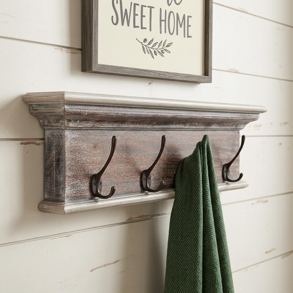 28" Brown Solid Wood Four Hook Wall Mount Coat Rack