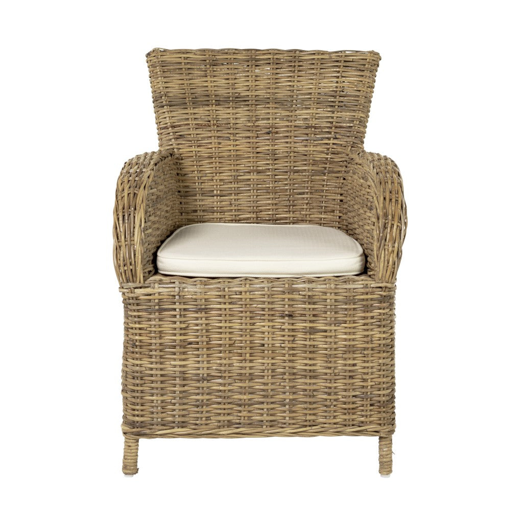 Set of Two Tan Textured Outdoor Dining Chairs with Beige Cushions