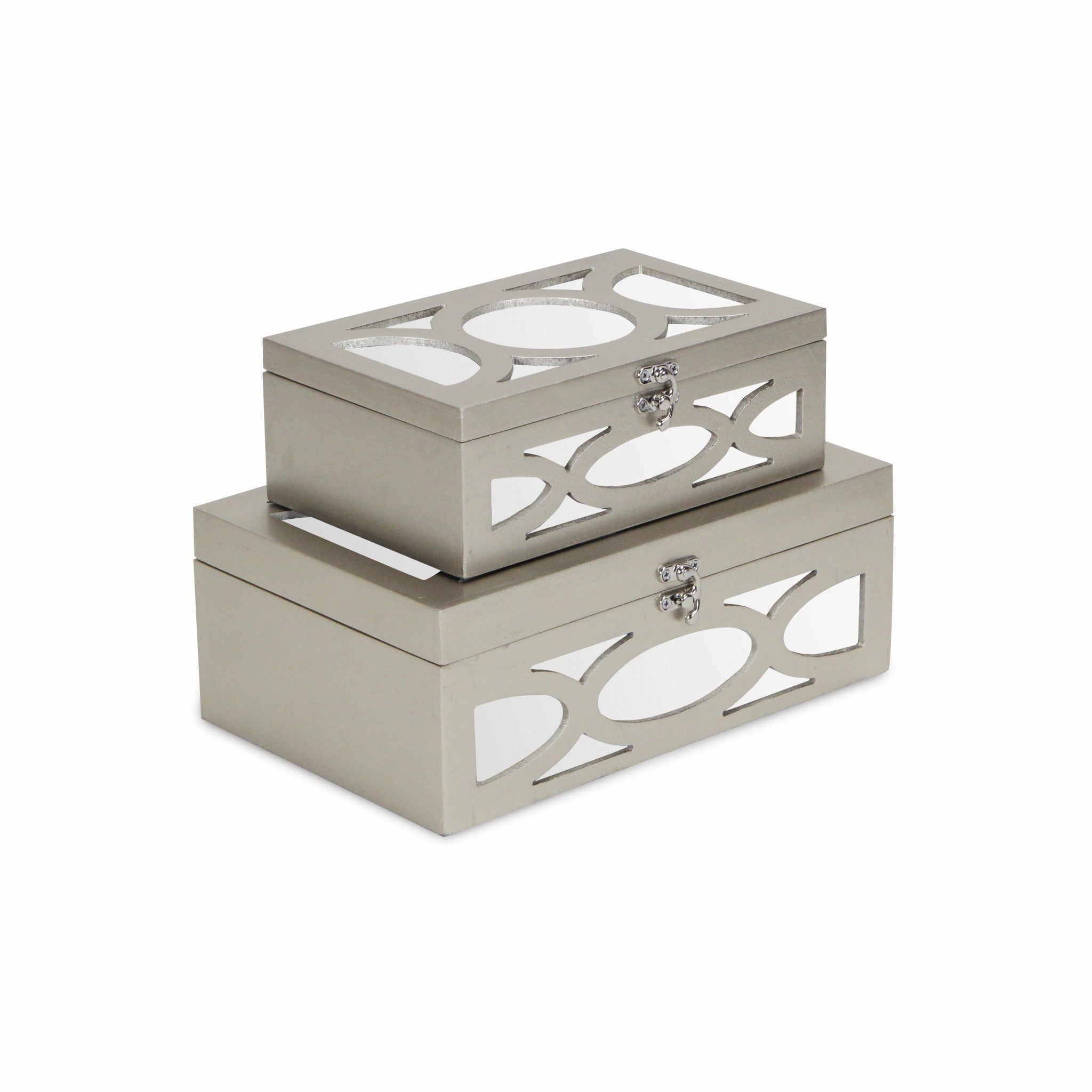 Set of Two Champagne Mirrored Glass And Wood Box With Lid