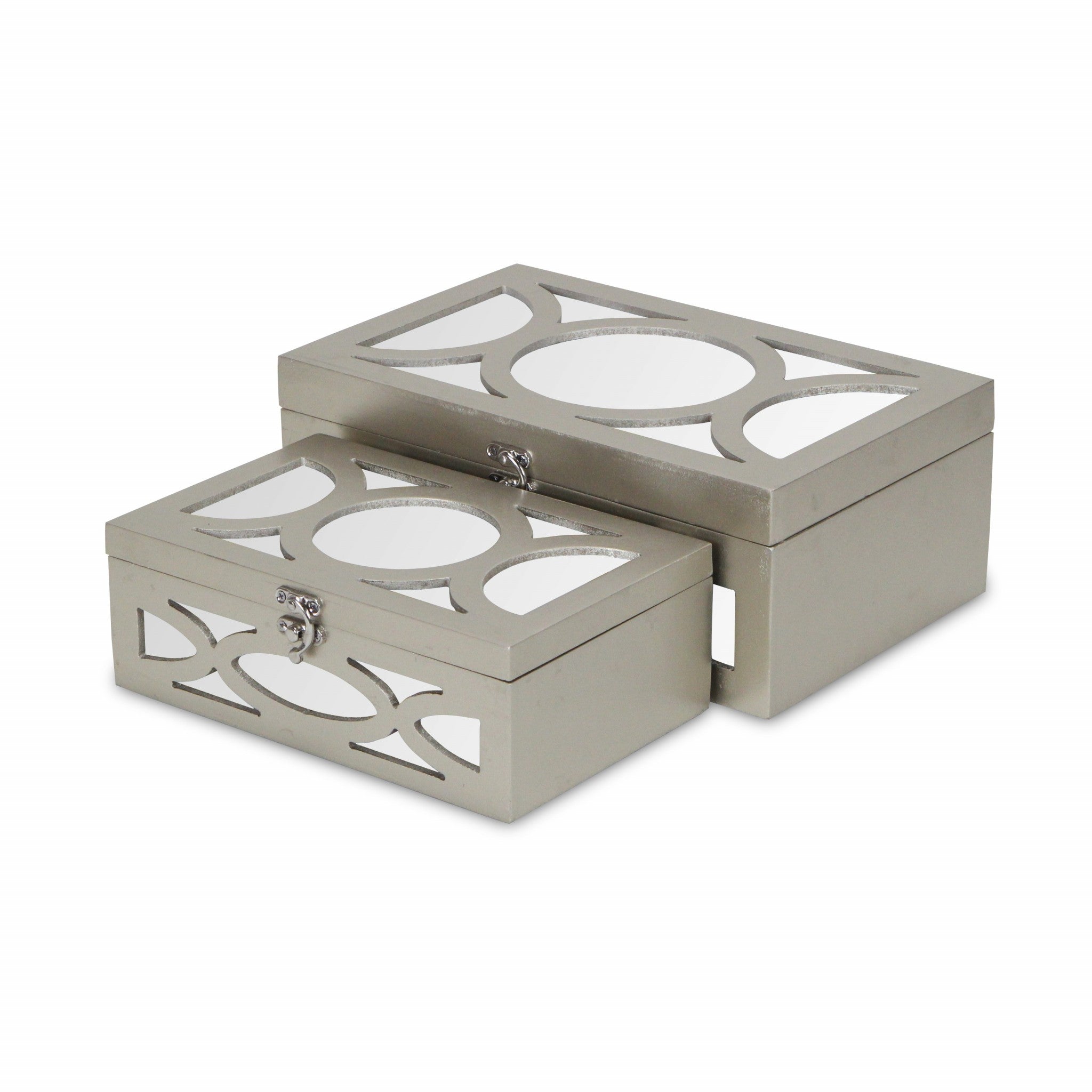 Set of Two Champagne Mirrored Glass And Wood Box With Lid