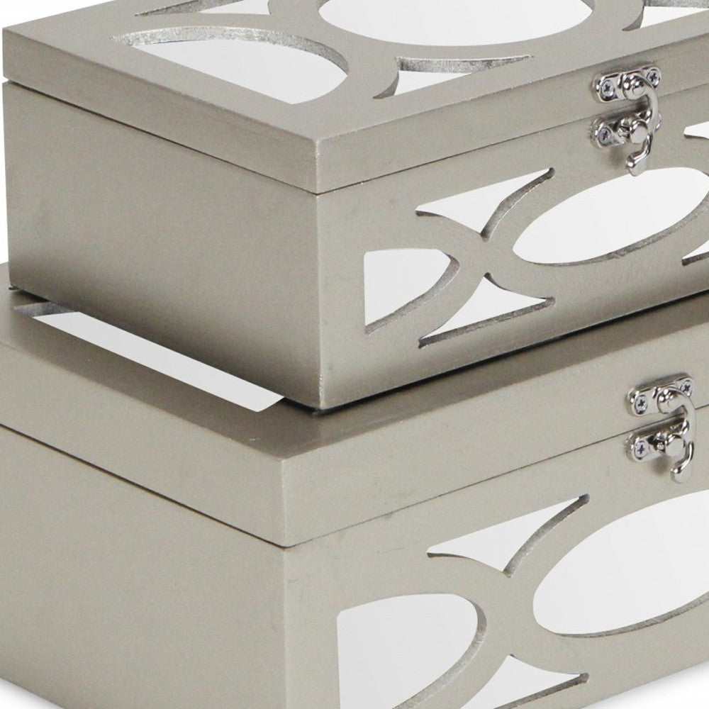 Set of Two Champagne Mirrored Glass And Wood Box With Lid