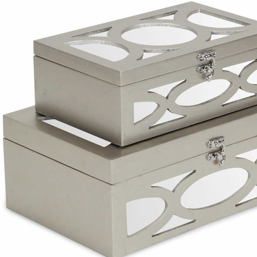 Set of Two Champagne Mirrored Glass And Wood Box With Lid