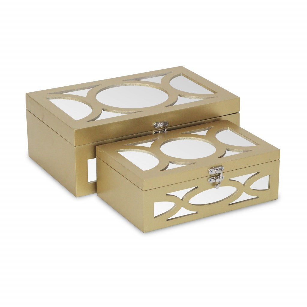 Set of Two Gold Oval Scroll Mirror Jewelry Storage Boxes