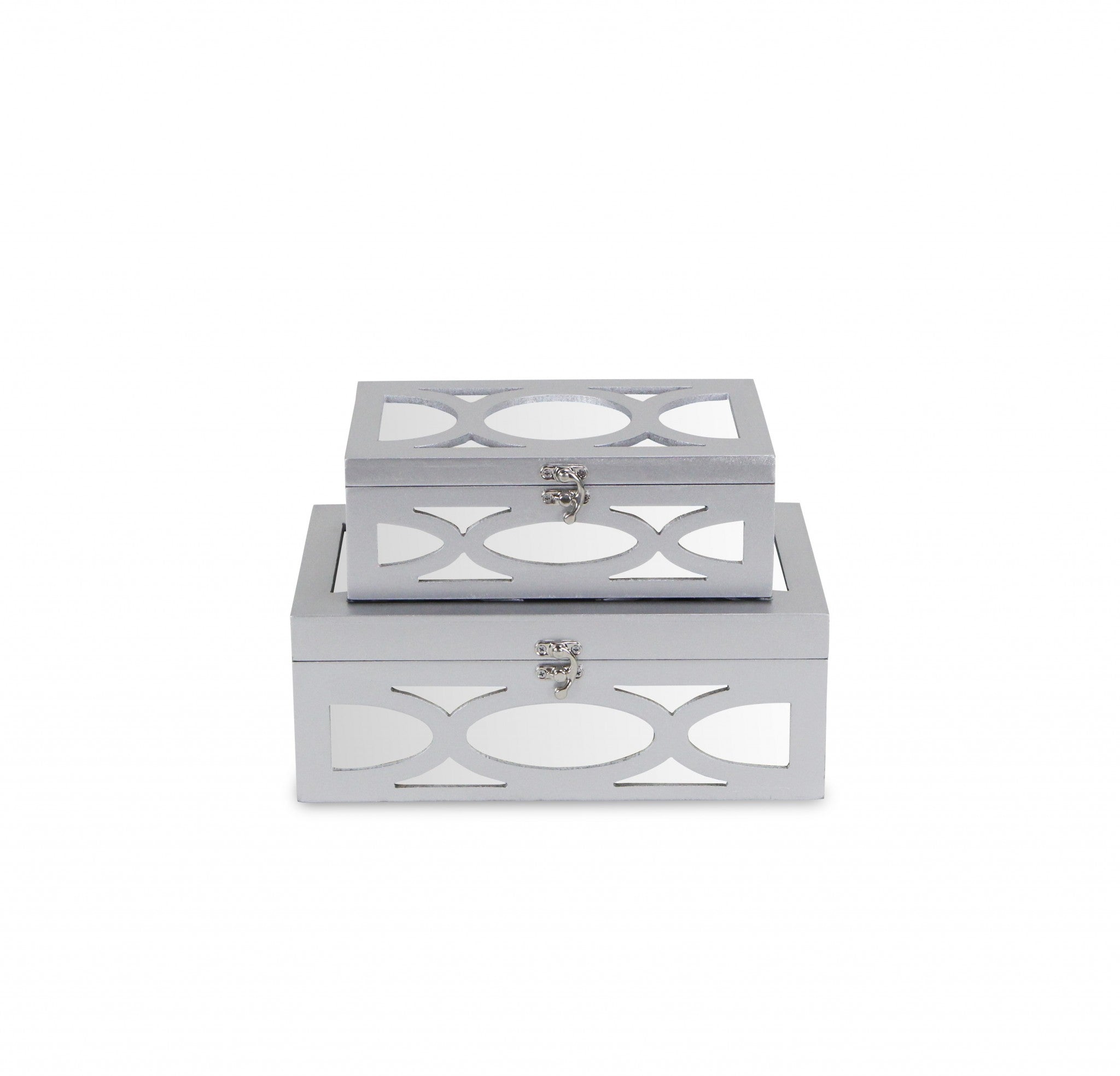 Set of Two Silver Mirrored Glass And Wood Box With Lid
