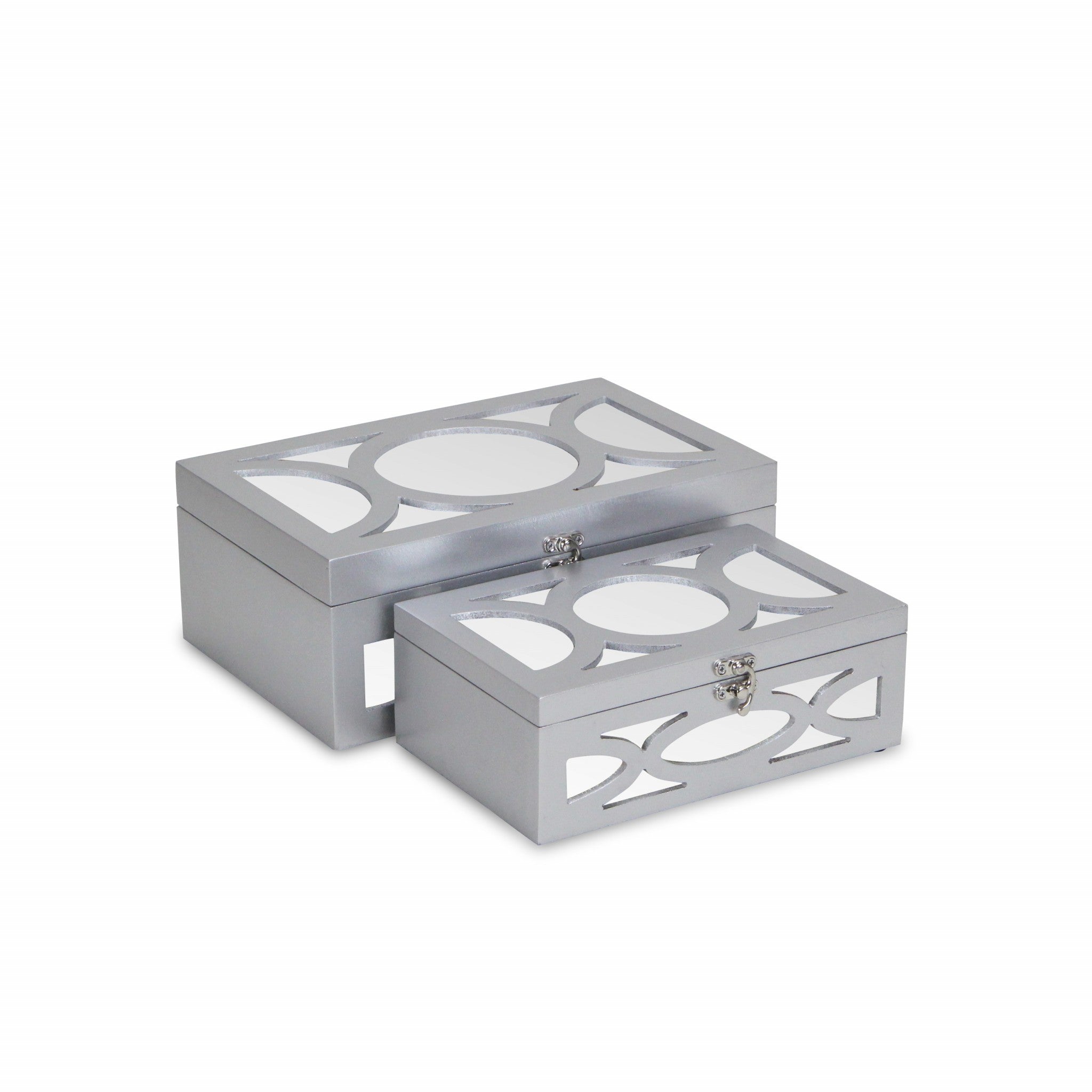 Set of Two Silver Mirrored Glass And Wood Box With Lid