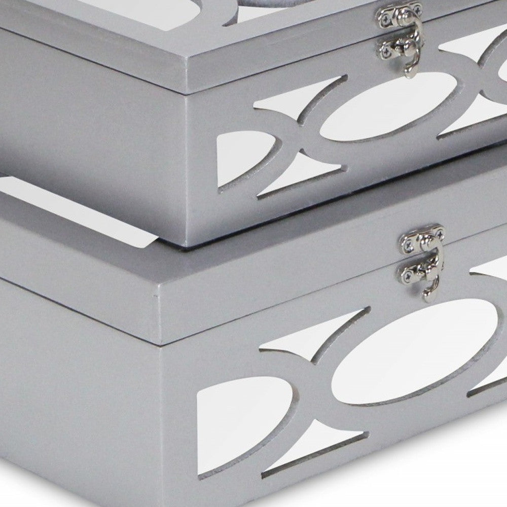 Set of Two Silver Mirrored Glass And Wood Box With Lid