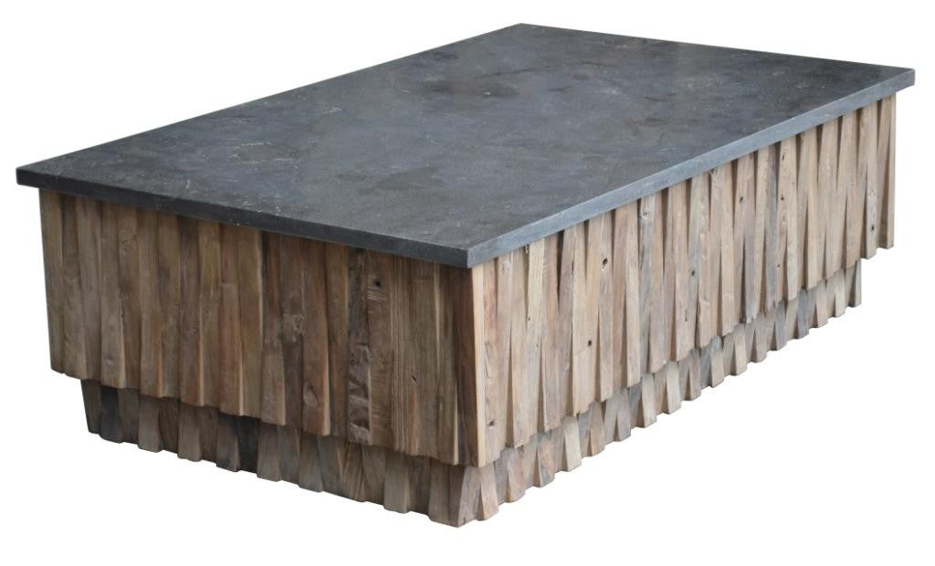 52" Gray and Natural Stone and Solid Wood Block Coffee Table