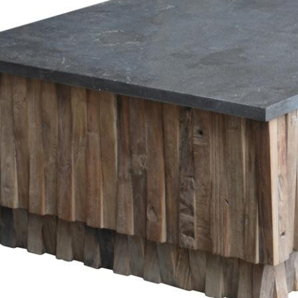 52" Gray and Natural Stone and Solid Wood Block Coffee Table
