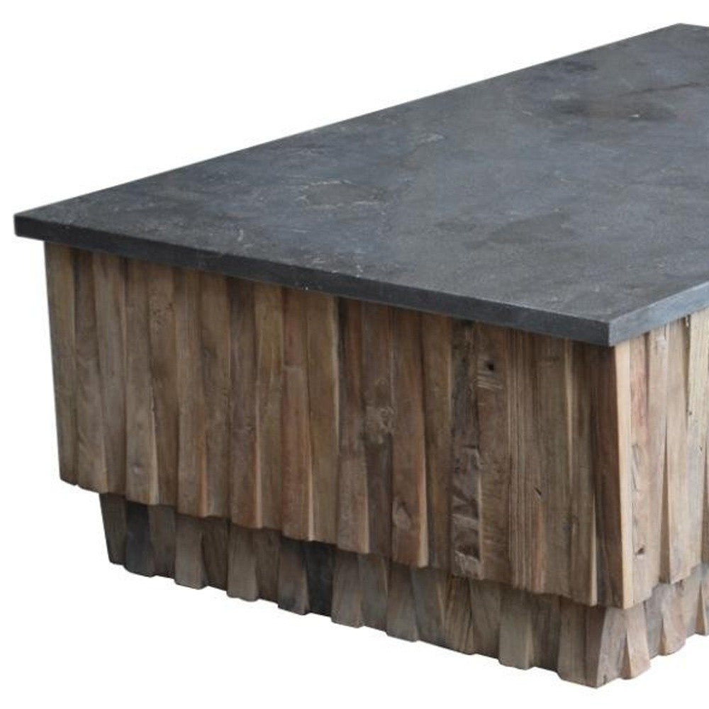 52" Gray and Natural Stone and Solid Wood Block Coffee Table