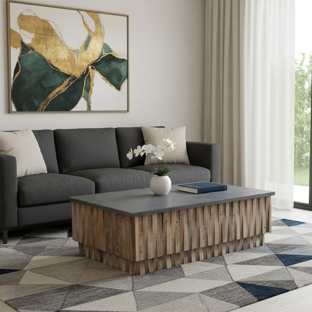 52" Gray and Natural Stone and Solid Wood Block Coffee Table