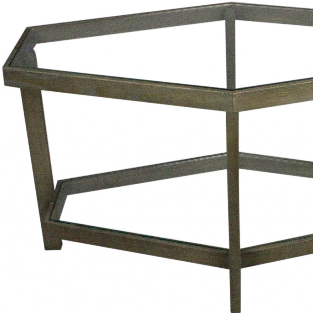 32" Clear and Brown Glass and Solid Wood Hexagon Distressed Frame Coffee Table