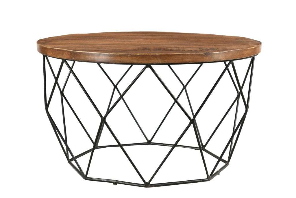 32" Brown And Black Solid Wood And Iron Round Frame Coffee Table