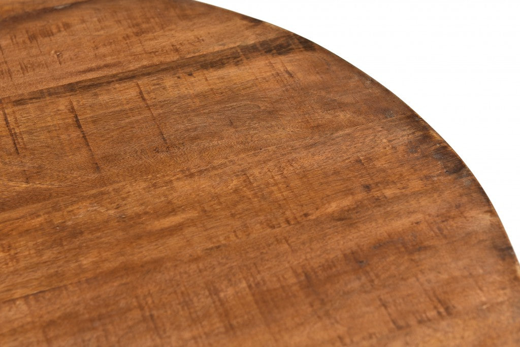 32" Brown And Black Solid Wood And Iron Round Frame Coffee Table
