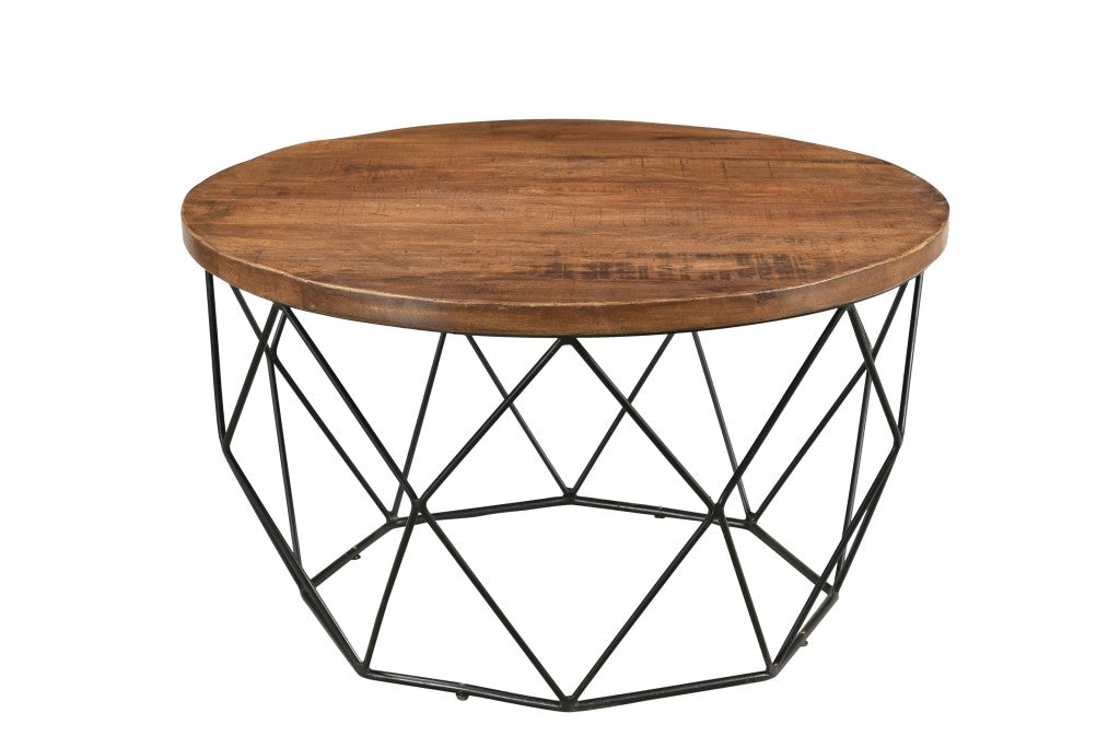 32" Brown And Black Solid Wood And Iron Round Frame Coffee Table