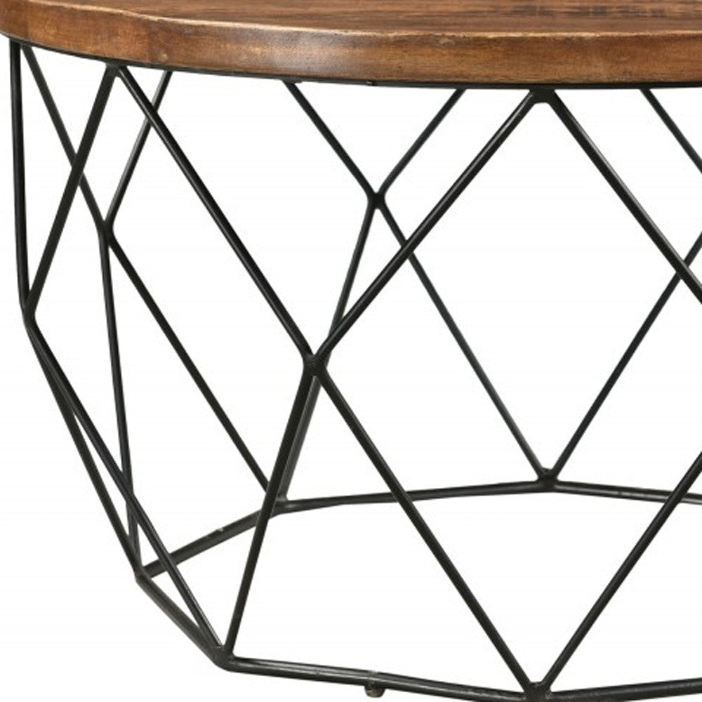 32" Brown And Black Solid Wood And Iron Round Frame Coffee Table