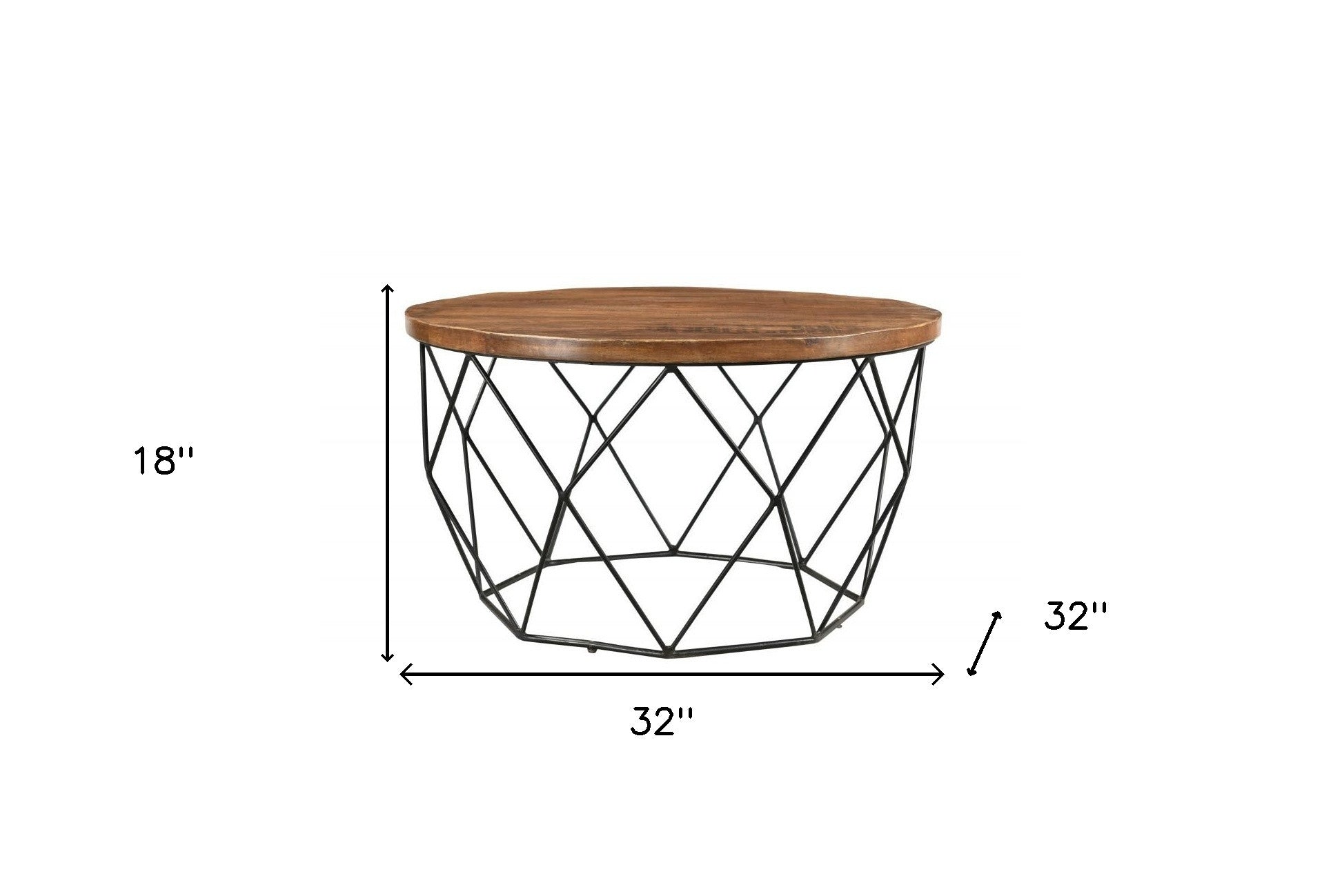 32" Brown And Black Solid Wood And Iron Round Frame Coffee Table