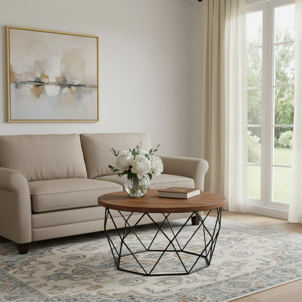 32" Brown And Black Solid Wood And Iron Round Frame Coffee Table
