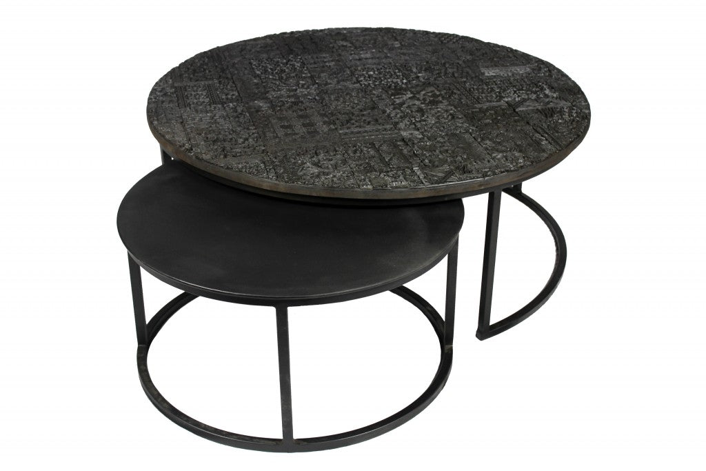 Set of Two Black Iron Round Frame Nested Coffee Tables