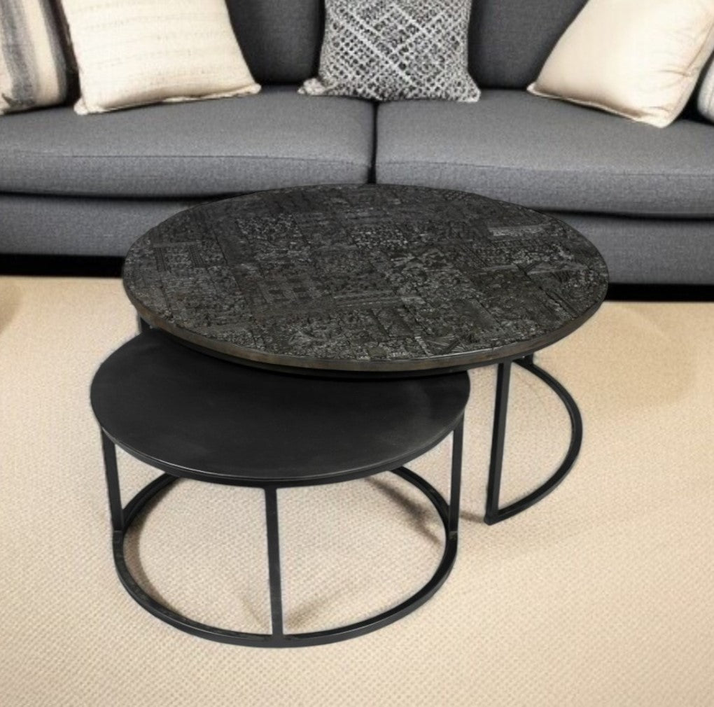 Set of Two Black Iron Round Frame Nested Coffee Tables