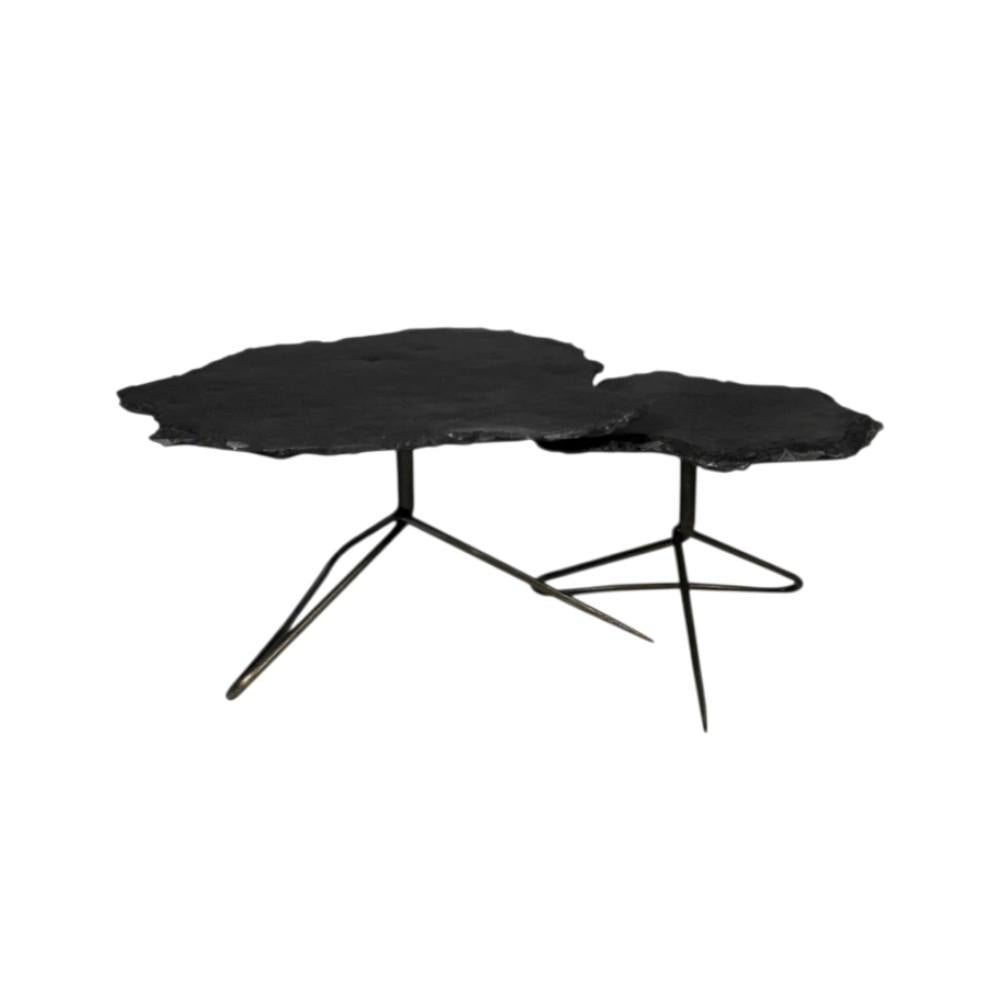 Set of Two Brown Stone and Iron Free Form Bunching Coffee Tables